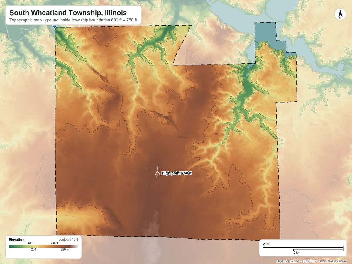 Topographic elevation map of South Wheatland Township, Illinois, shaded from 600 ft on the northwest side to 750 ft on the southwest side