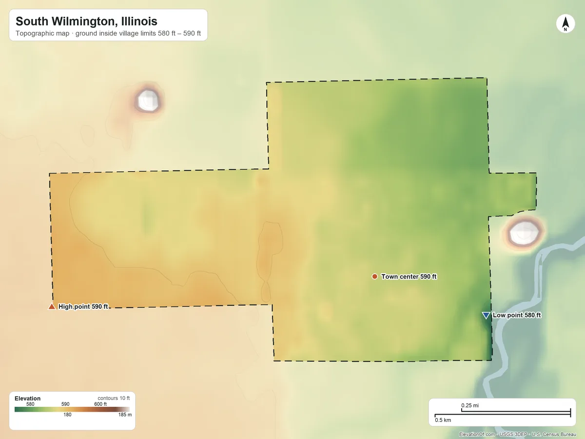 Topographic elevation map of South Wilmington, Illinois, shaded from 580 ft on the east side to 590 ft on the west side