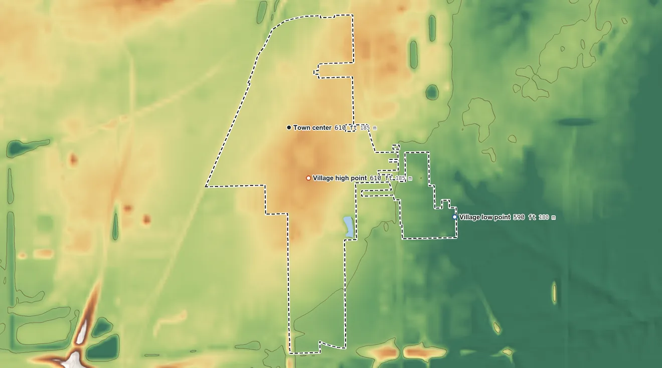 Topographic elevation map of Southern View, Illinois, shaded from 590 ft on the southeast side to 610 ft on the south side