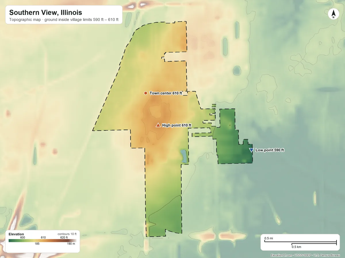 Topographic elevation map of Southern View, Illinois, shaded from 590 ft on the southeast side to 610 ft on the south side