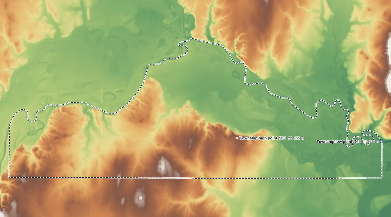 Topographic elevation map of Southwest Township, Illinois, shaded from 420 ft on the east side to 500 ft on the east side