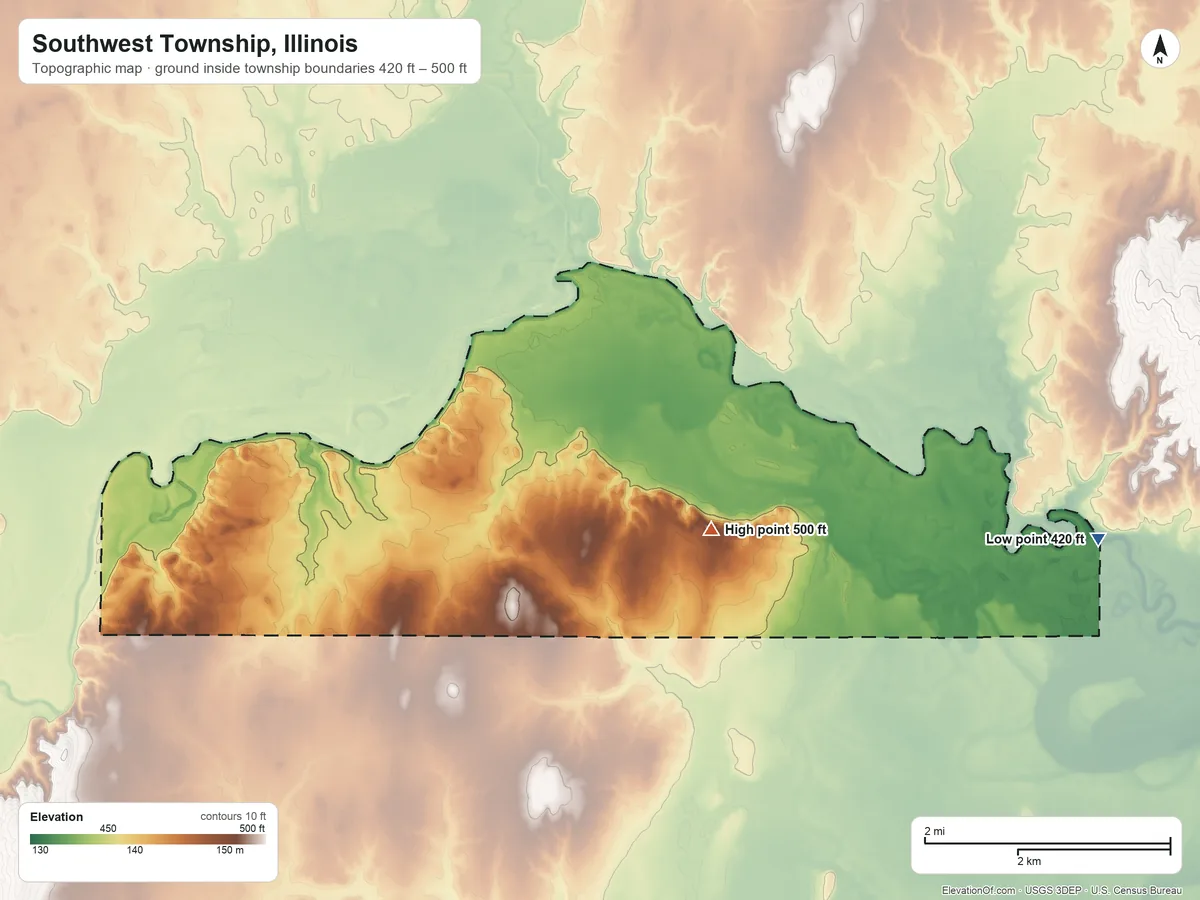 Topographic elevation map of Southwest Township, Illinois, shaded from 420 ft on the east side to 500 ft on the east side