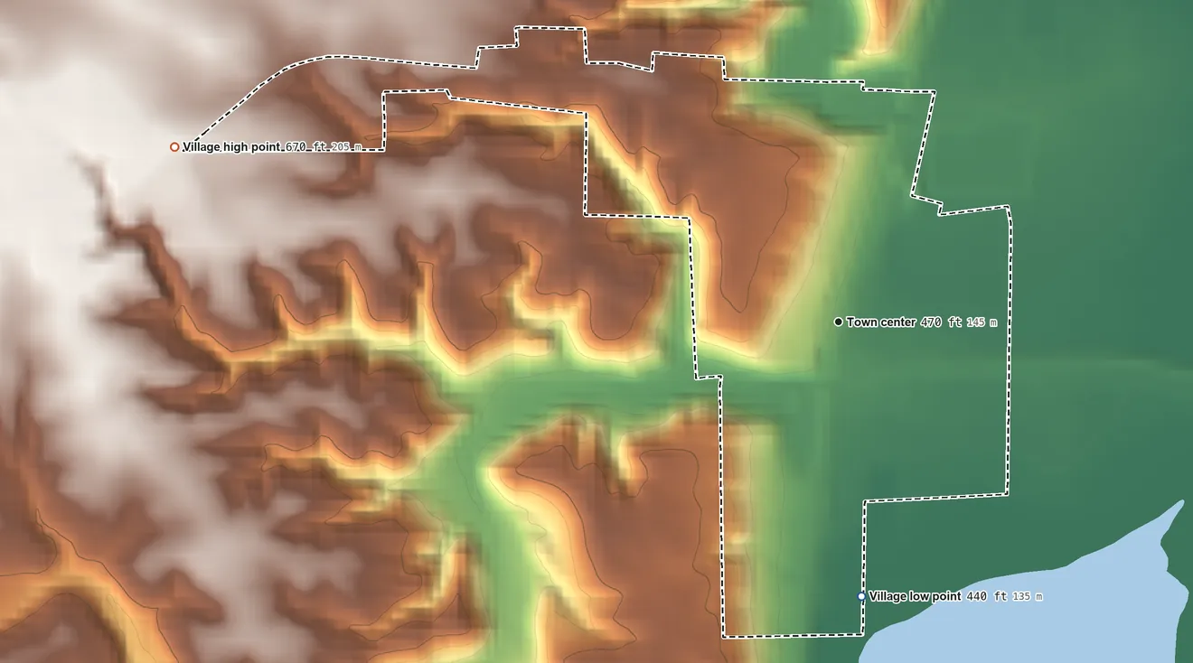 Topographic elevation map of Sparland, Illinois, shaded from 440 ft on the south side to 670 ft on the west side