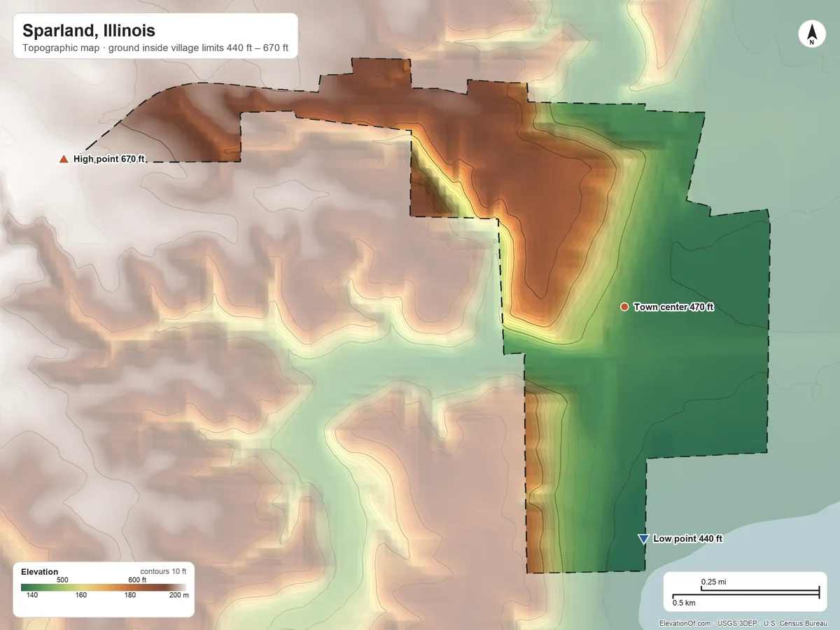 Topographic elevation map of Sparland, Illinois, shaded from 440 ft on the south side to 670 ft on the west side
