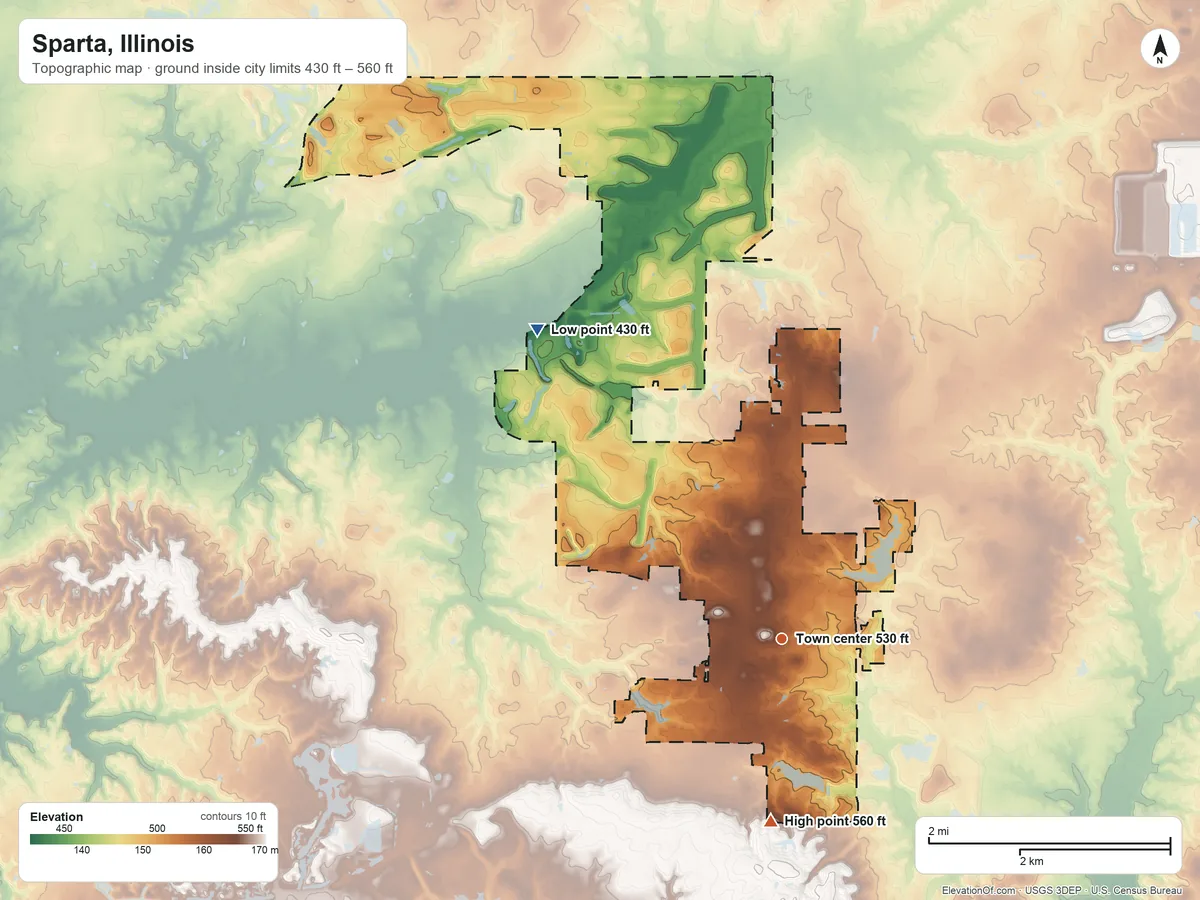 Topographic elevation map of Sparta, Illinois, shaded from 430 ft on the northwest side to 560 ft on the south side