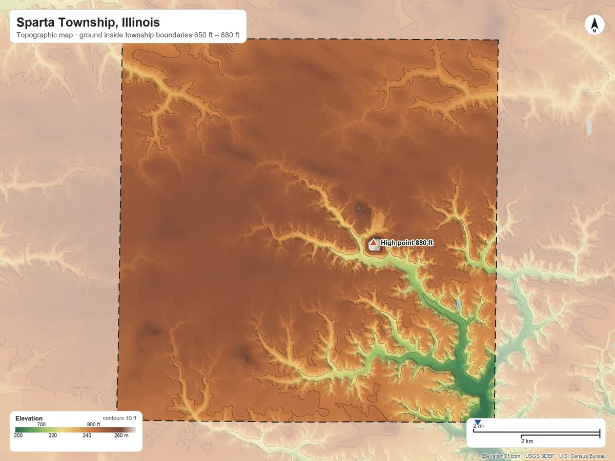 Topographic elevation map of Sparta Township, Illinois, shaded from 650 ft on the southeast side to 880 ft on the east side