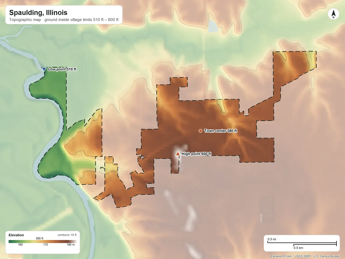 Topographic elevation map of Spaulding, Illinois, shaded from 510 ft on the west side to 600 ft near the middle