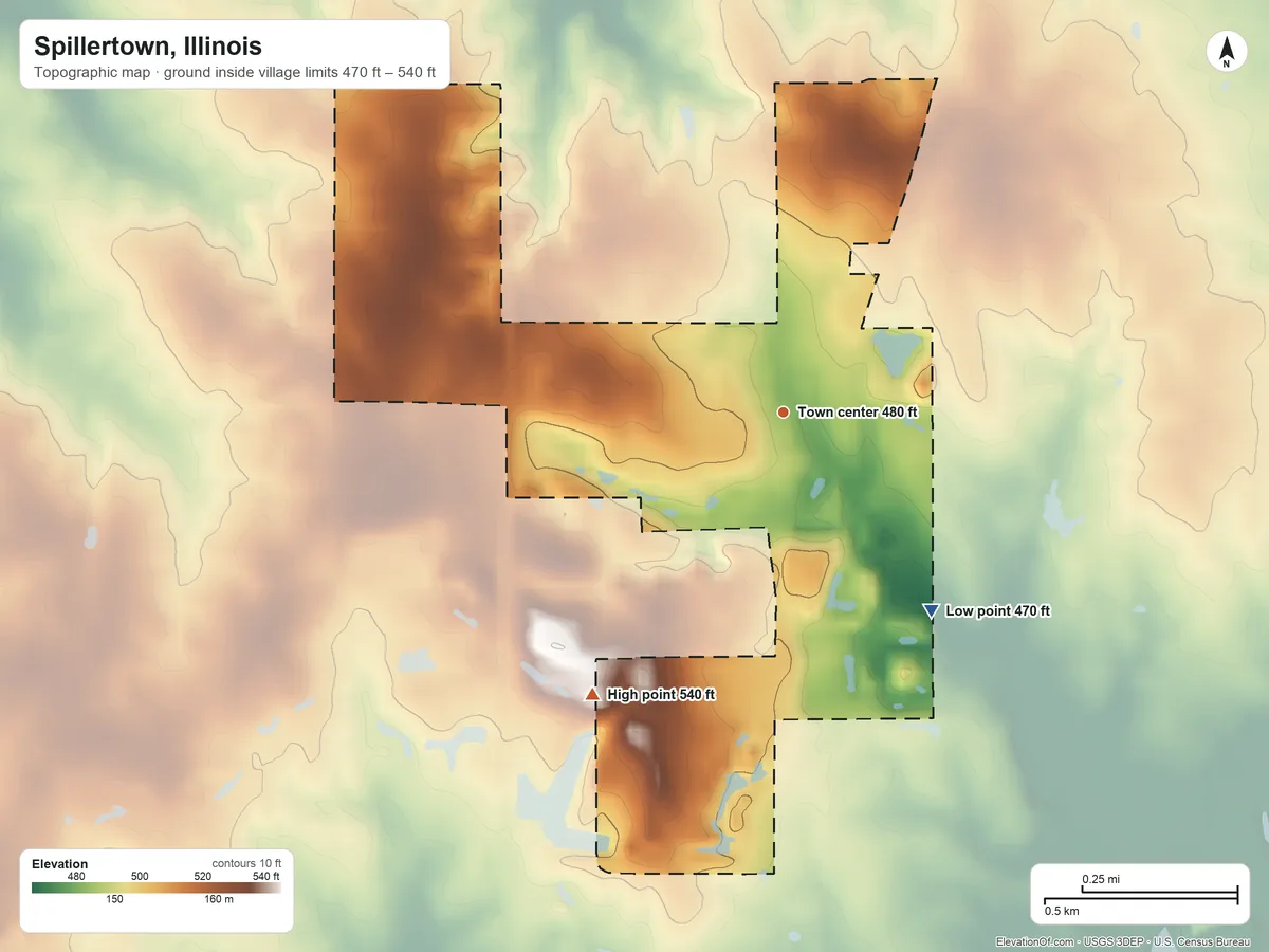 Topographic elevation map of Spillertown, Illinois, shaded from 470 ft on the southeast side to 540 ft on the southwest side