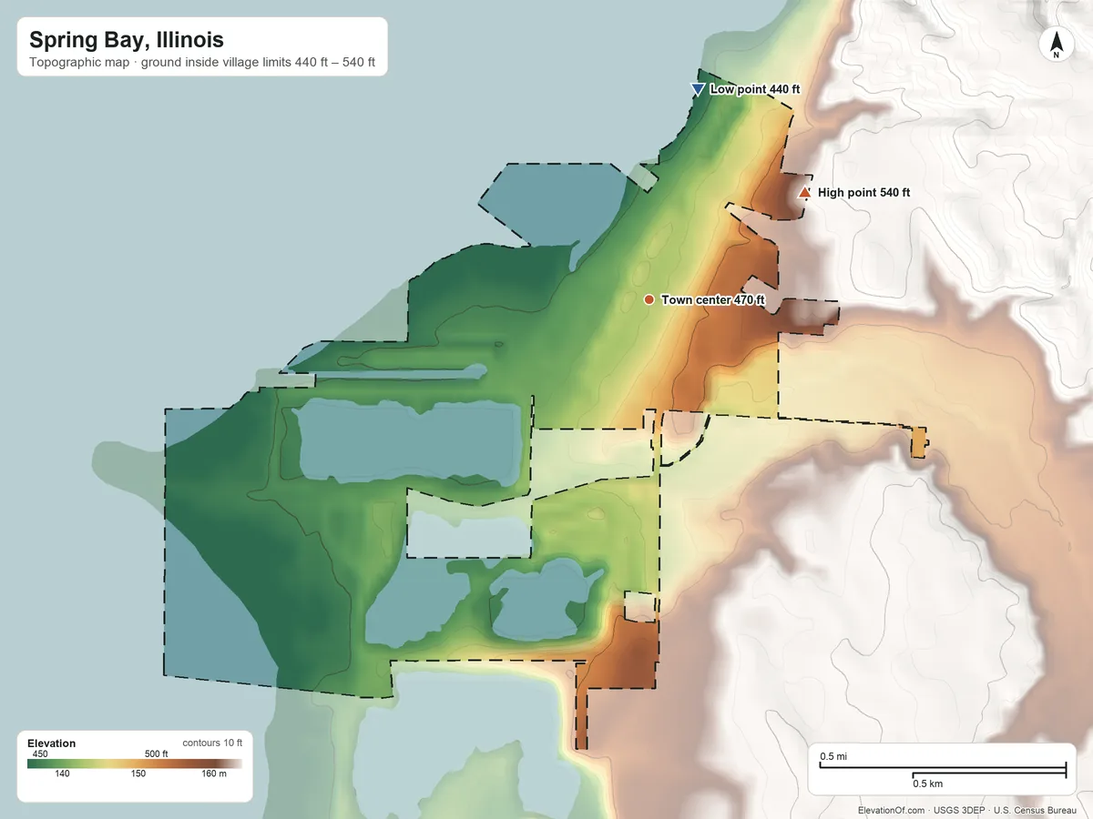 Topographic elevation map of Spring Bay, Illinois, shaded from 440 ft on the north side to 540 ft on the northeast side