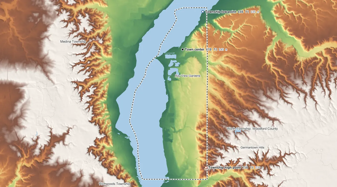 Topographic elevation map of Spring Bay Township, Illinois, shaded from 440 ft on the northeast side to 750 ft on the south side