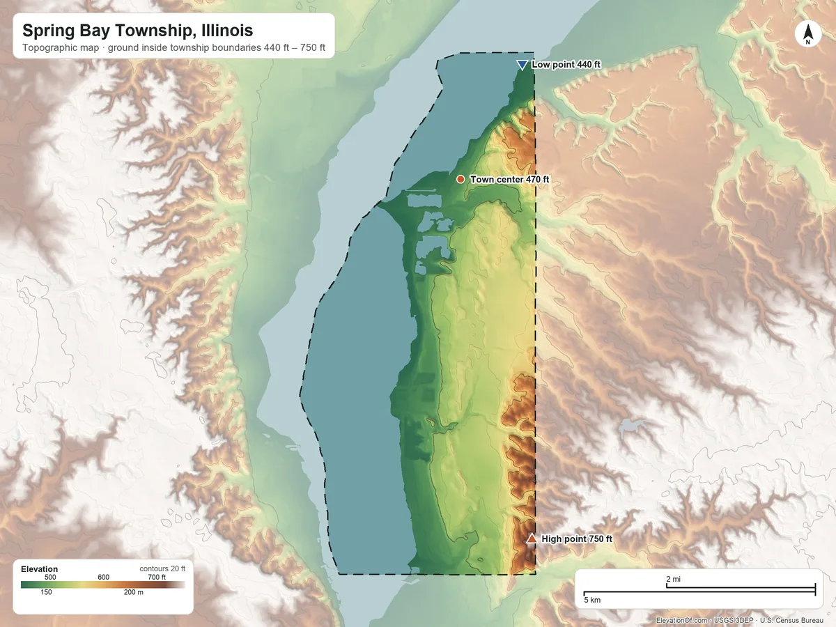 Topographic elevation map of Spring Bay Township, Illinois, shaded from 440 ft on the northeast side to 750 ft on the south side