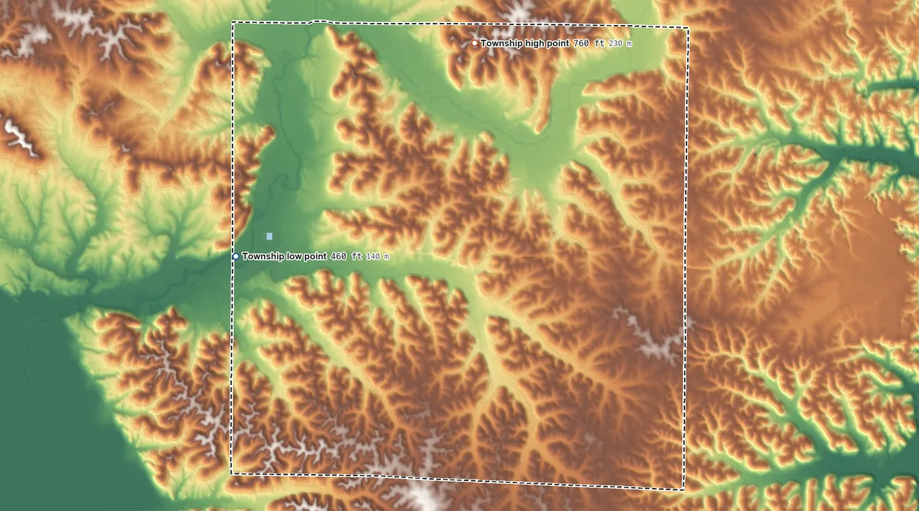 Topographic elevation map of Spring Creek Township, Illinois, shaded from 460 ft on the west side to 760 ft on the northeast side