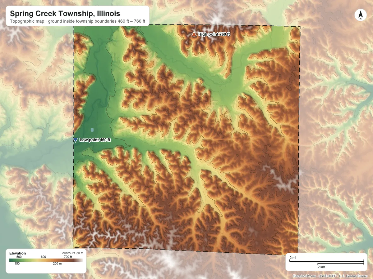 Topographic elevation map of Spring Creek Township, Illinois, shaded from 460 ft on the west side to 760 ft on the northeast side