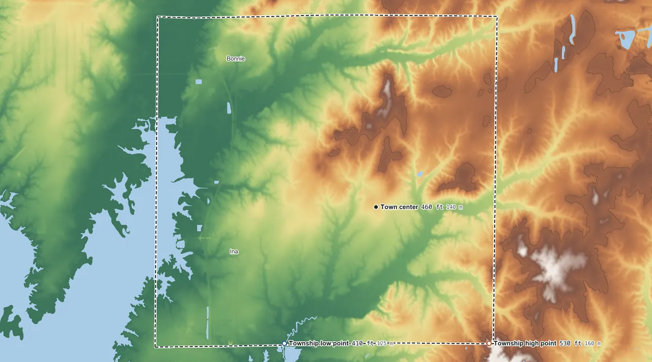 Topographic elevation map of Spring Garden Township, Illinois, shaded from 410 ft on the southwest side to 530 ft on the southeast side