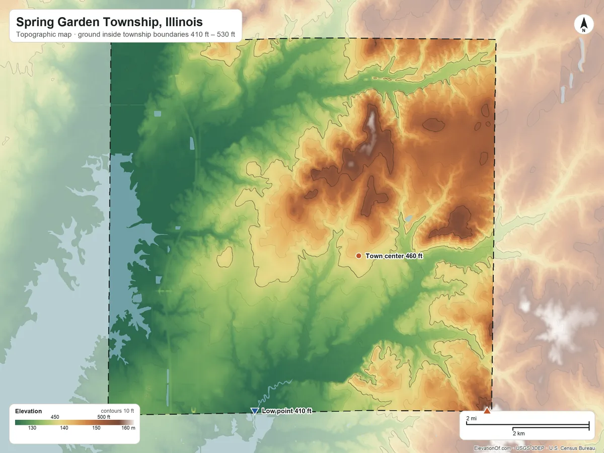 Topographic elevation map of Spring Garden Township, Illinois, shaded from 410 ft on the southwest side to 530 ft on the southeast side