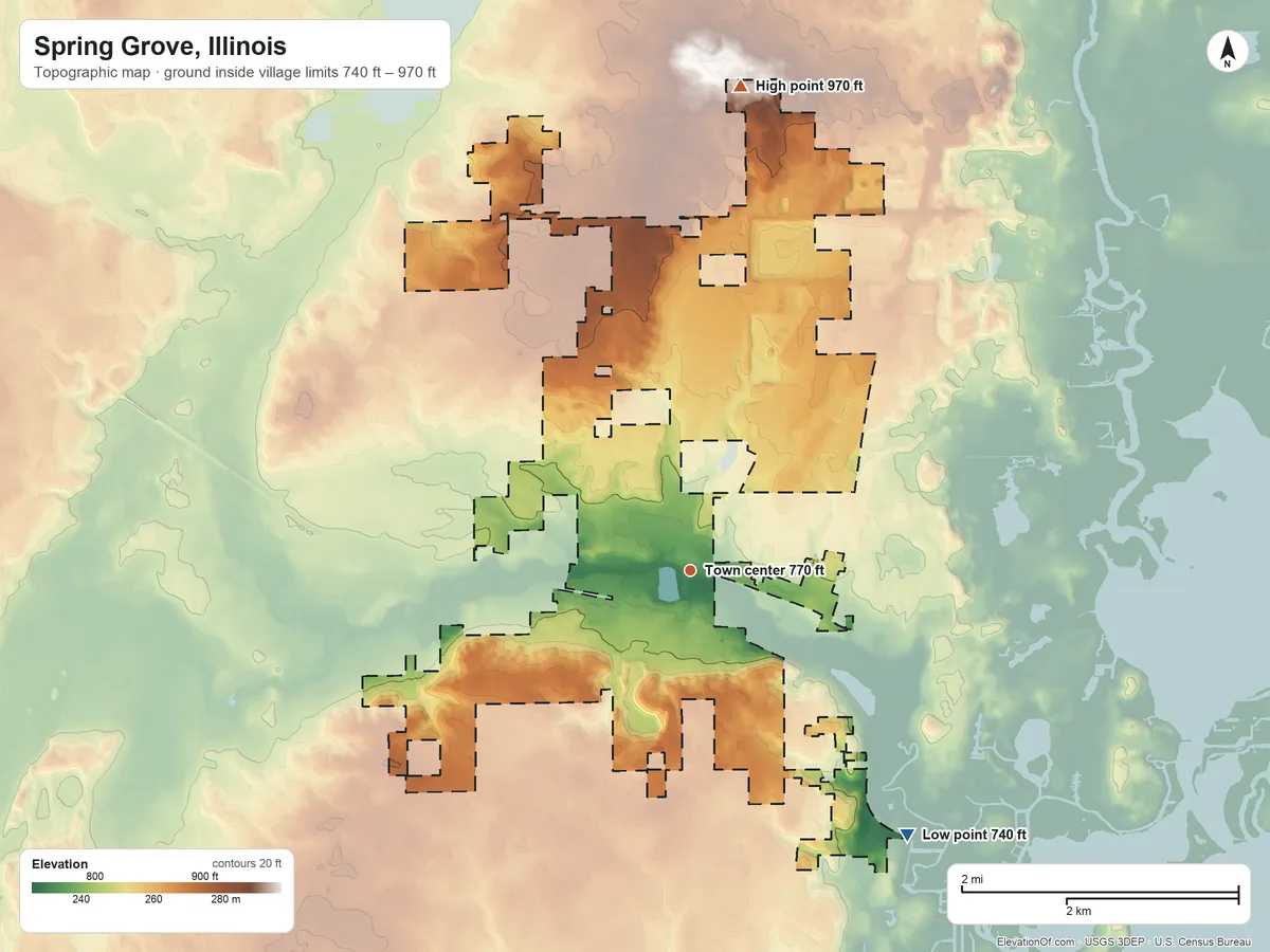 Topographic elevation map of Spring Grove, Illinois, shaded from 740 ft on the southeast side to 970 ft on the north side