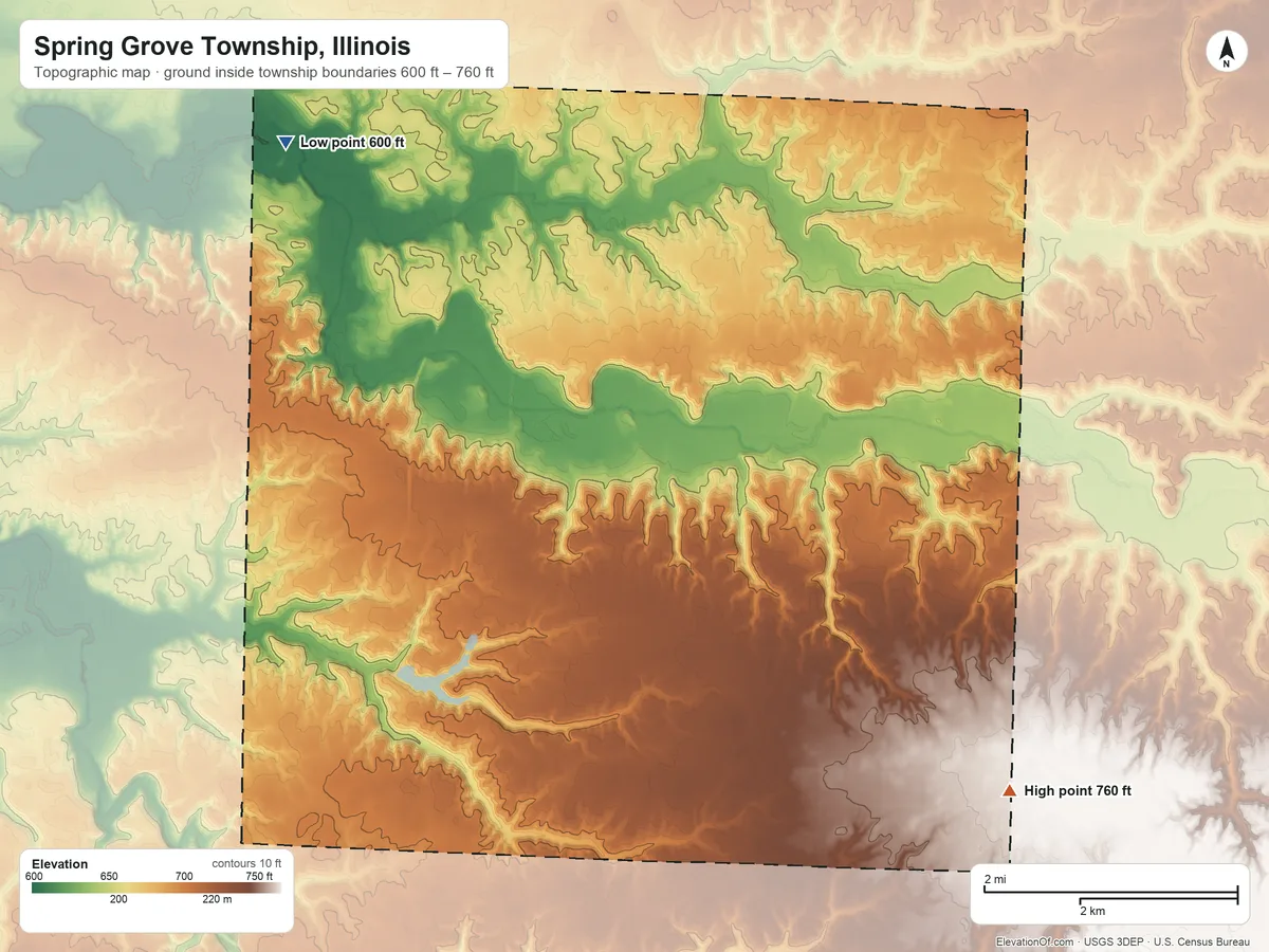 Topographic elevation map of Spring Grove Township, Illinois, shaded from 600 ft on the northwest side to 760 ft on the southeast side