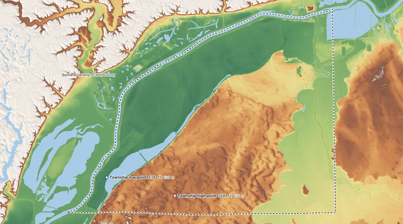 Topographic elevation map of Spring Lake Township, Illinois, shaded from 430 ft on the southwest side to 560 ft on the southwest side