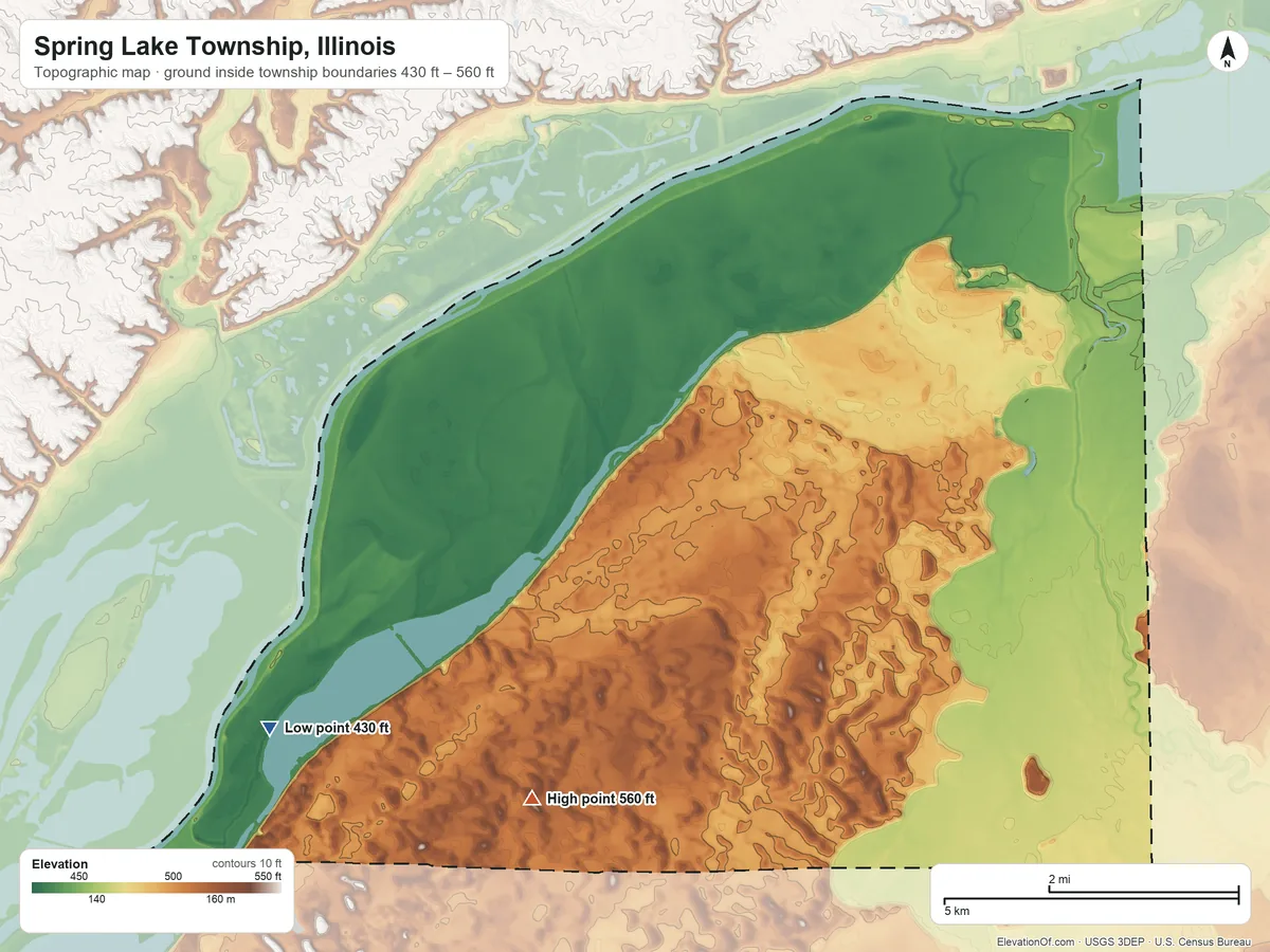 Topographic elevation map of Spring Lake Township, Illinois, shaded from 430 ft on the southwest side to 560 ft on the southwest side