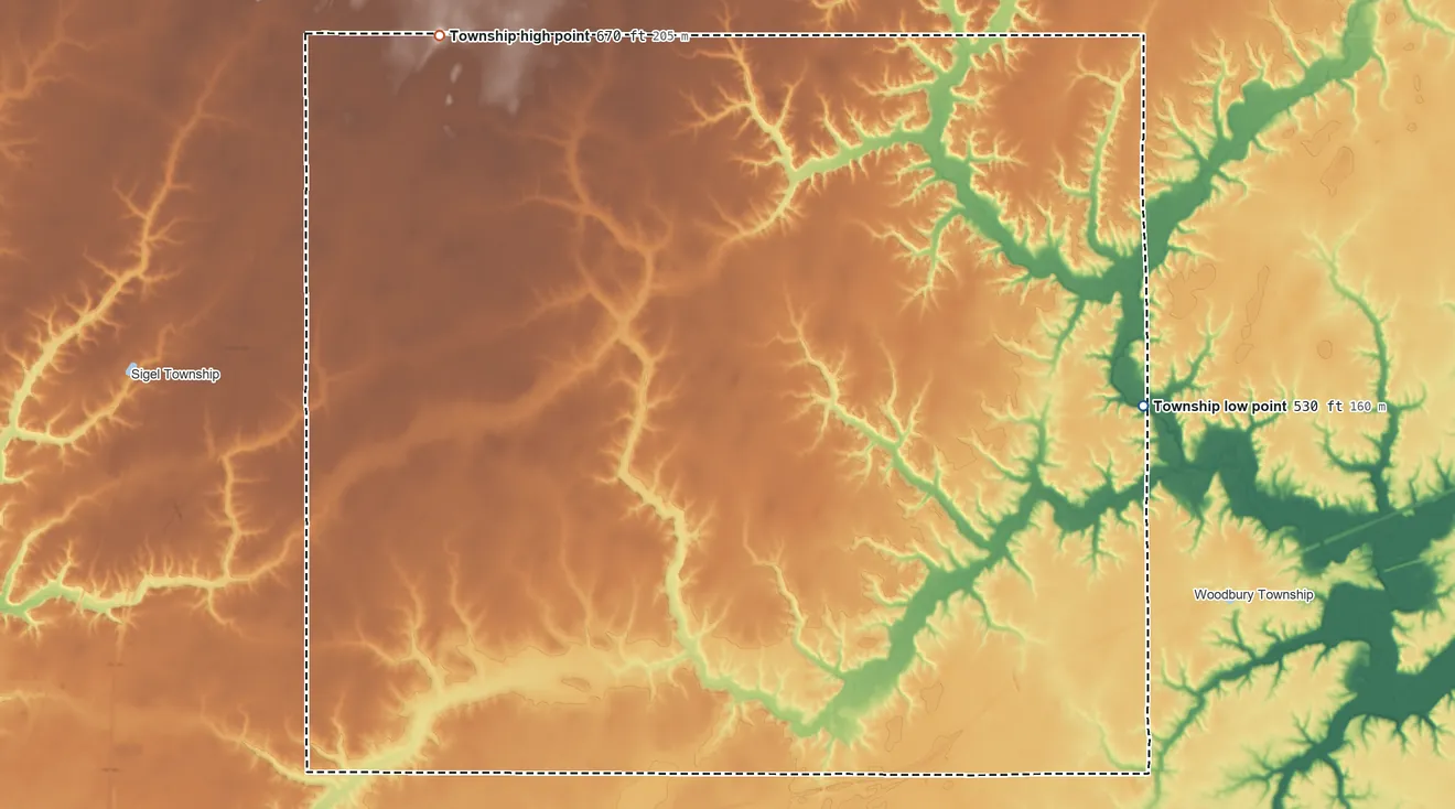 Topographic elevation map of Spring Point Township, Illinois, shaded from 530 ft on the east side to 670 ft on the northwest side