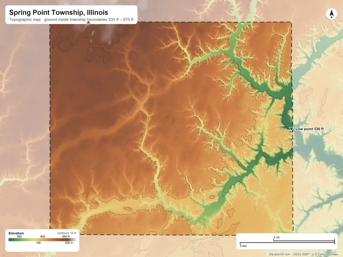 Topographic elevation map of Spring Point Township, Illinois, shaded from 530 ft on the east side to 670 ft on the northwest side