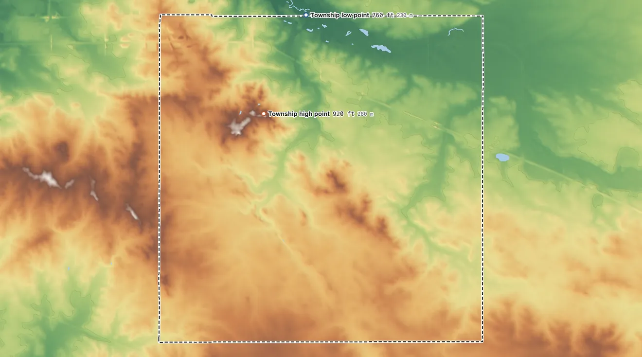Topographic elevation map of Spring Township, Illinois, shaded from 760 ft on the north side to 920 ft on the northwest side