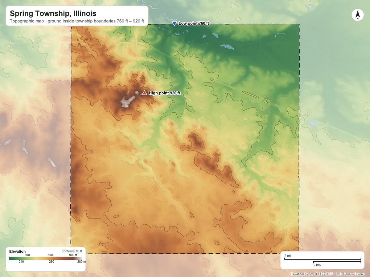 Topographic elevation map of Spring Township, Illinois, shaded from 760 ft on the north side to 920 ft on the northwest side