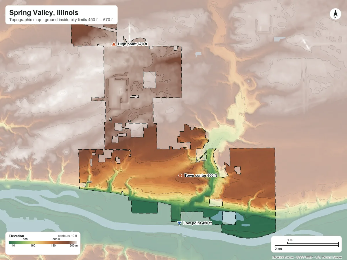 Topographic elevation map of Spring Valley, Illinois, shaded from 450 ft on the south side to 670 ft on the northwest side