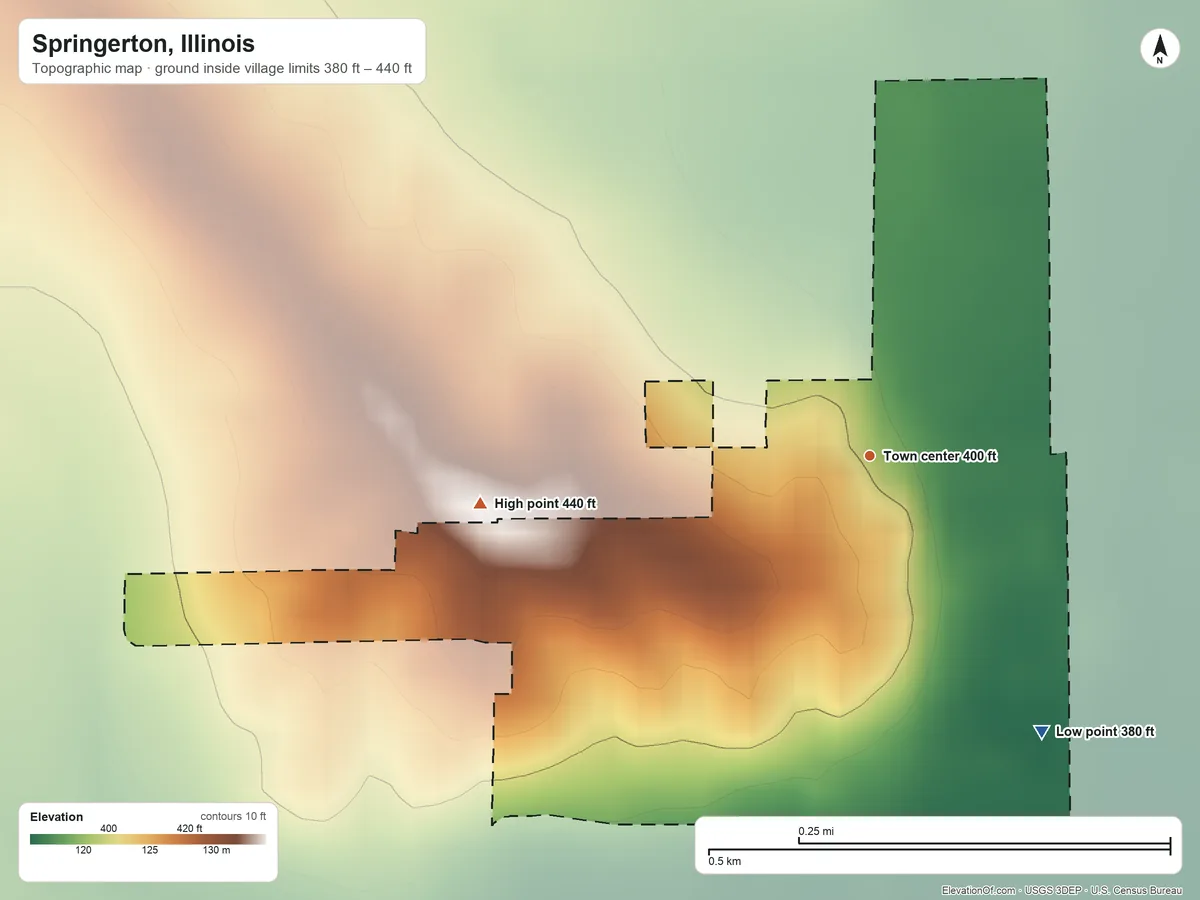 Topographic elevation map of Springerton, Illinois, shaded from 380 ft on the southeast side to 440 ft on the west side