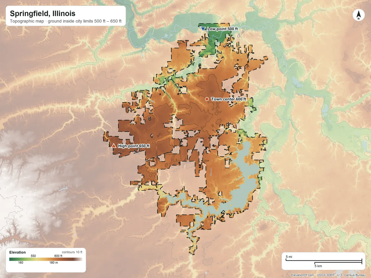 Topographic elevation map of Springfield, Illinois, shaded from 500 ft on the north side to 650 ft on the southwest side