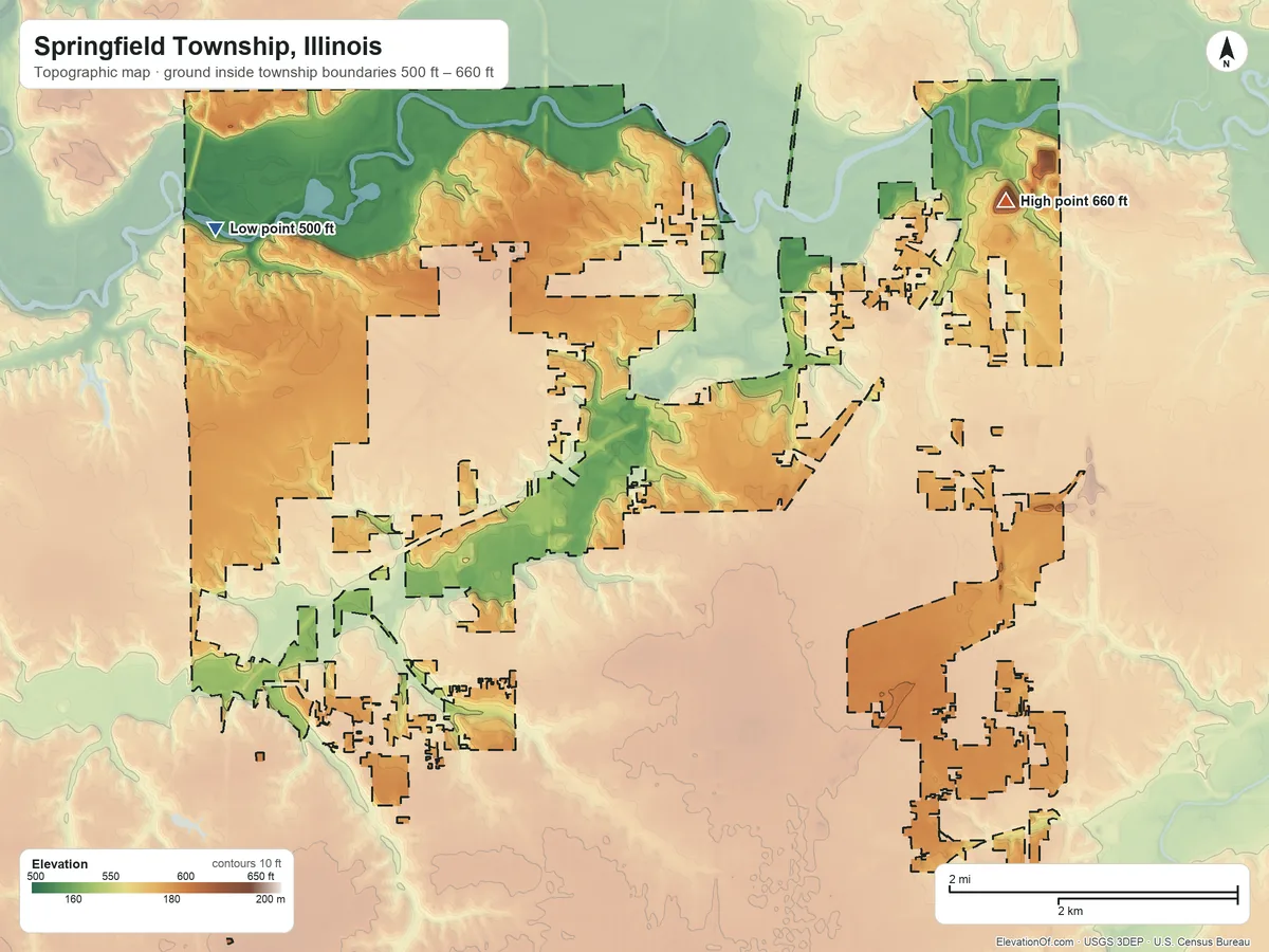 Topographic elevation map of Springfield Township, Illinois, shaded from 500 ft on the northwest side to 660 ft on the north side