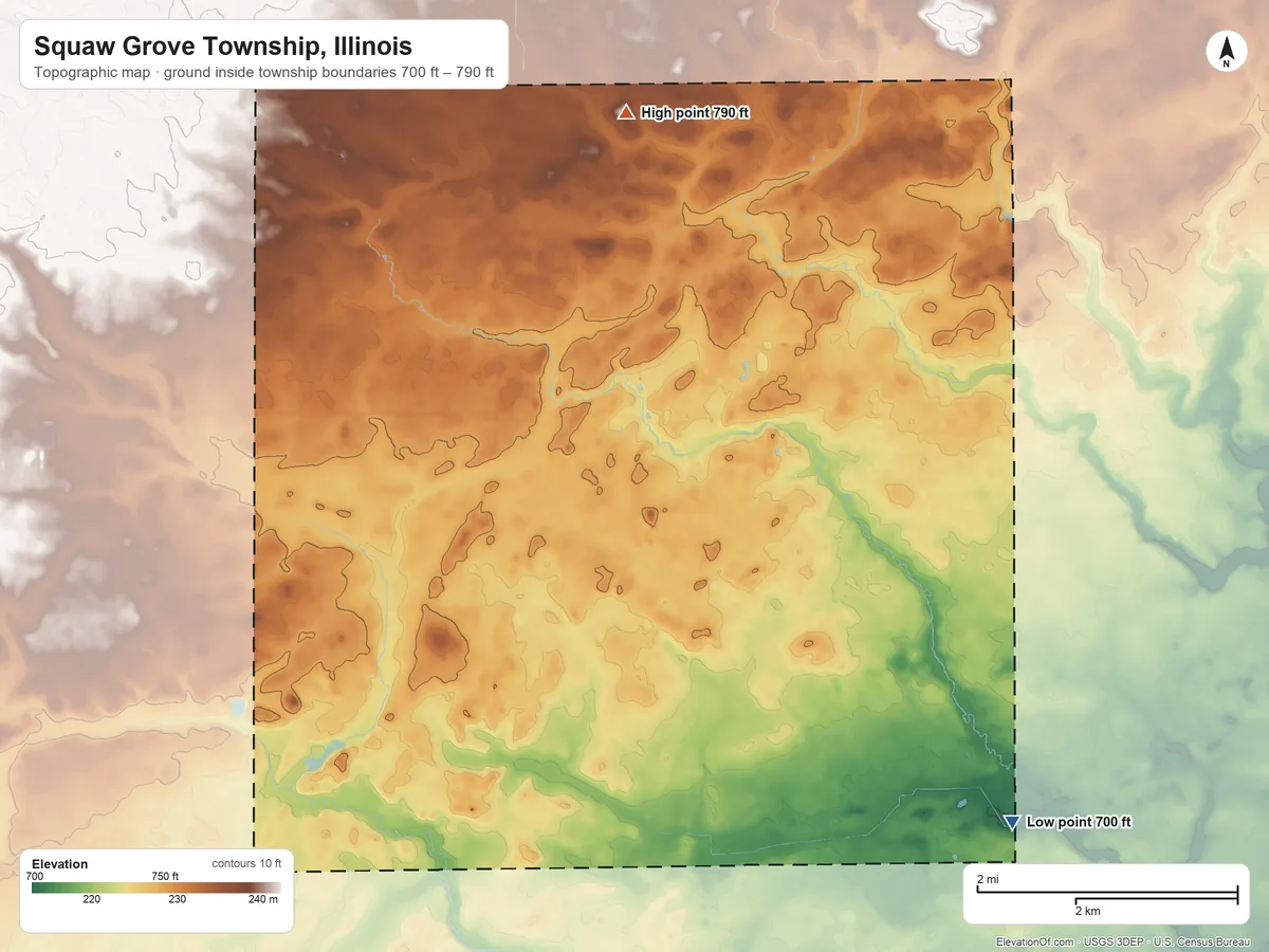Topographic elevation map of Squaw Grove Township, Illinois, shaded from 700 ft on the southeast side to 790 ft on the north side