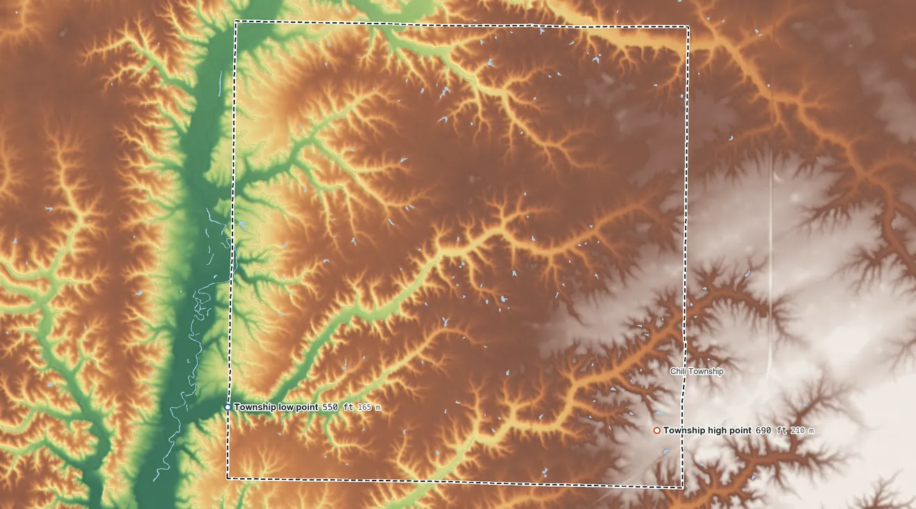 Topographic elevation map of St. Albans Township, Illinois, shaded from 550 ft on the southwest side to 690 ft on the southeast side