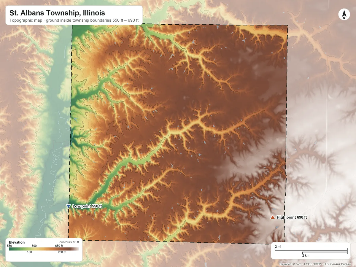 Topographic elevation map of St. Albans Township, Illinois, shaded from 550 ft on the southwest side to 690 ft on the southeast side
