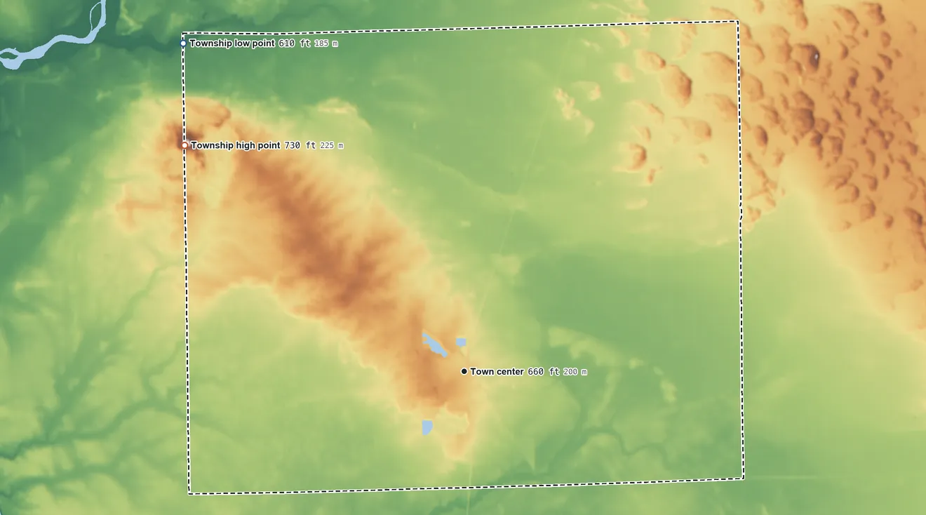 Topographic elevation map of St. Anne Township, Illinois, shaded from 610 ft on the northwest side to 731 ft on Mount Langham