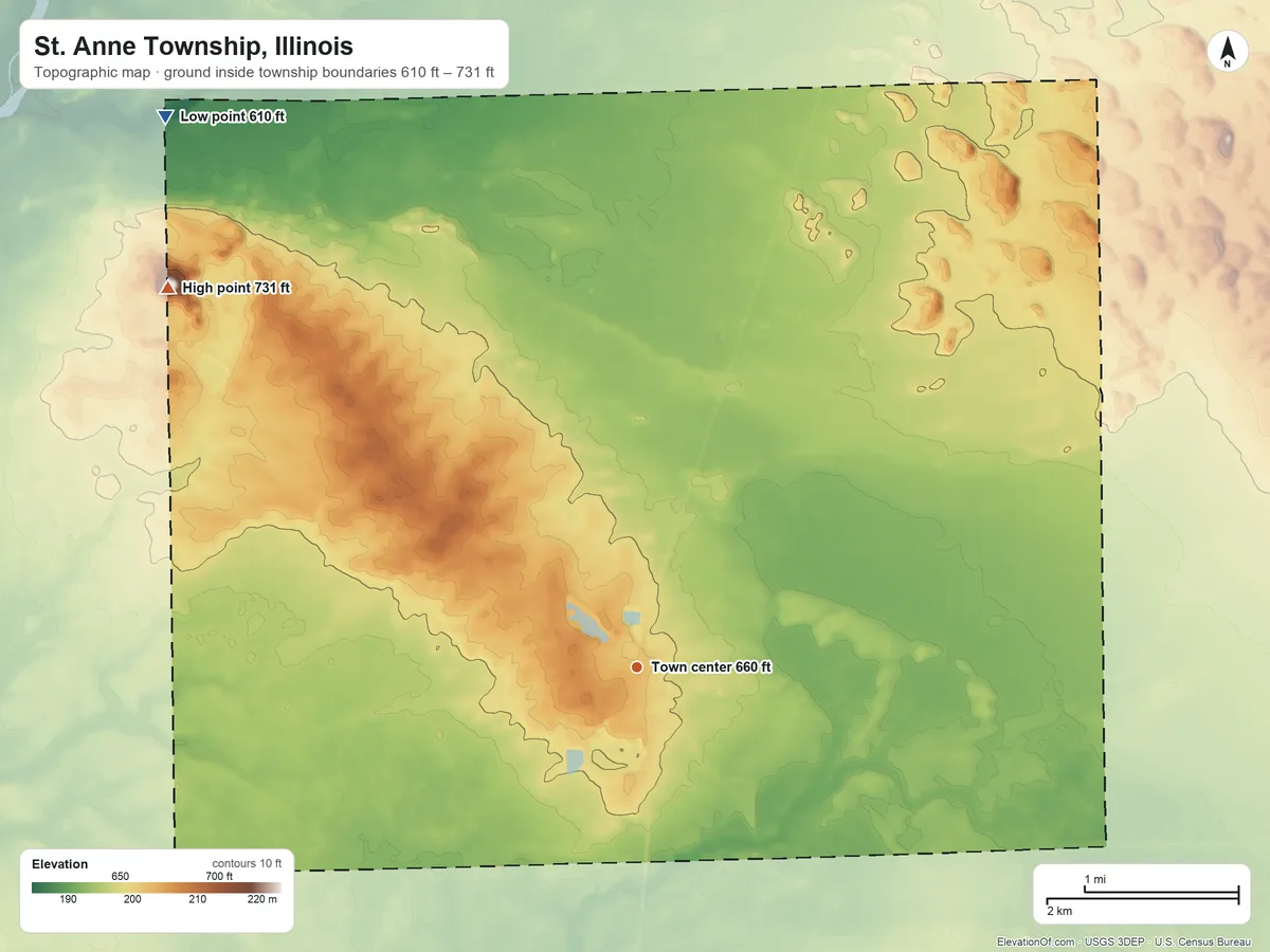 Topographic elevation map of St. Anne Township, Illinois, shaded from 610 ft on the northwest side to 731 ft on Mount Langham