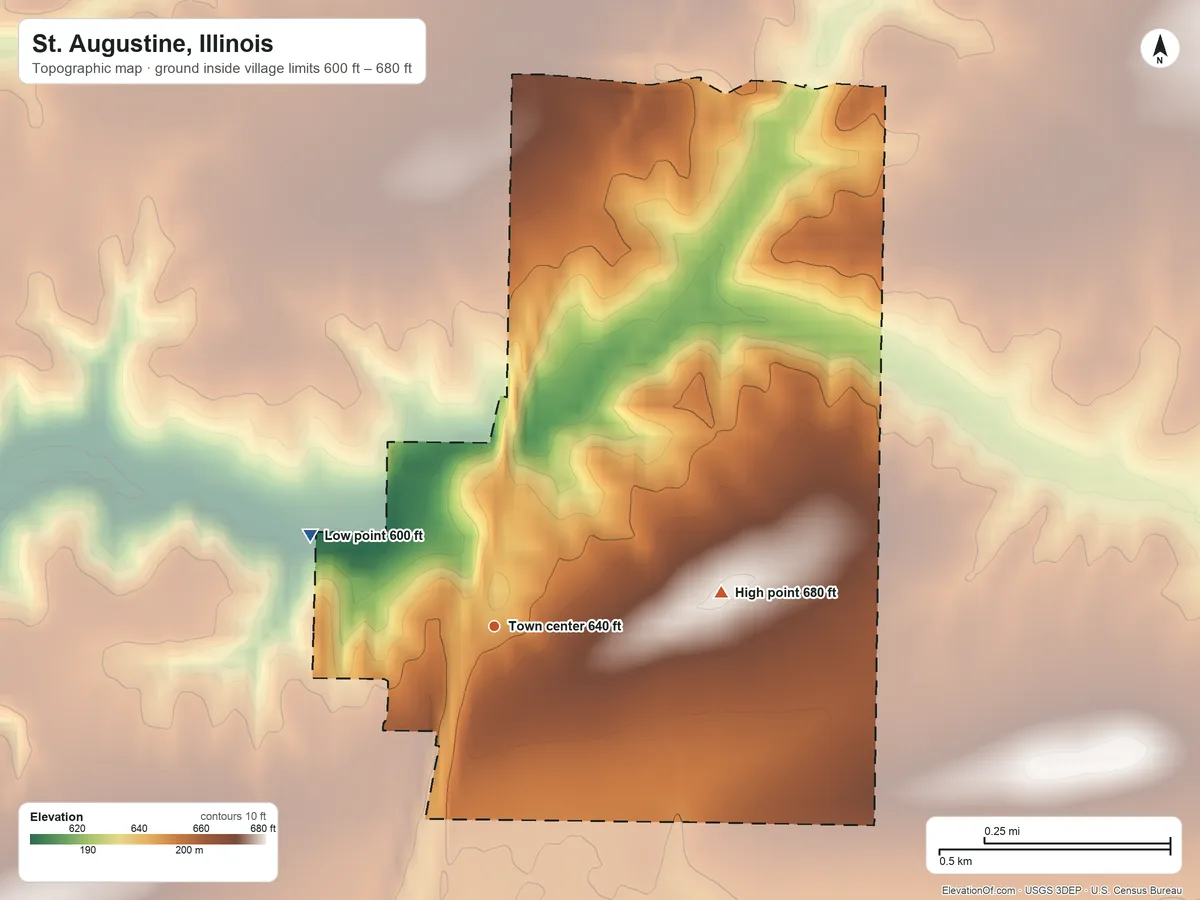 Topographic elevation map of St. Augustine, Illinois, shaded from 600 ft on the northwest side to 680 ft on the east side