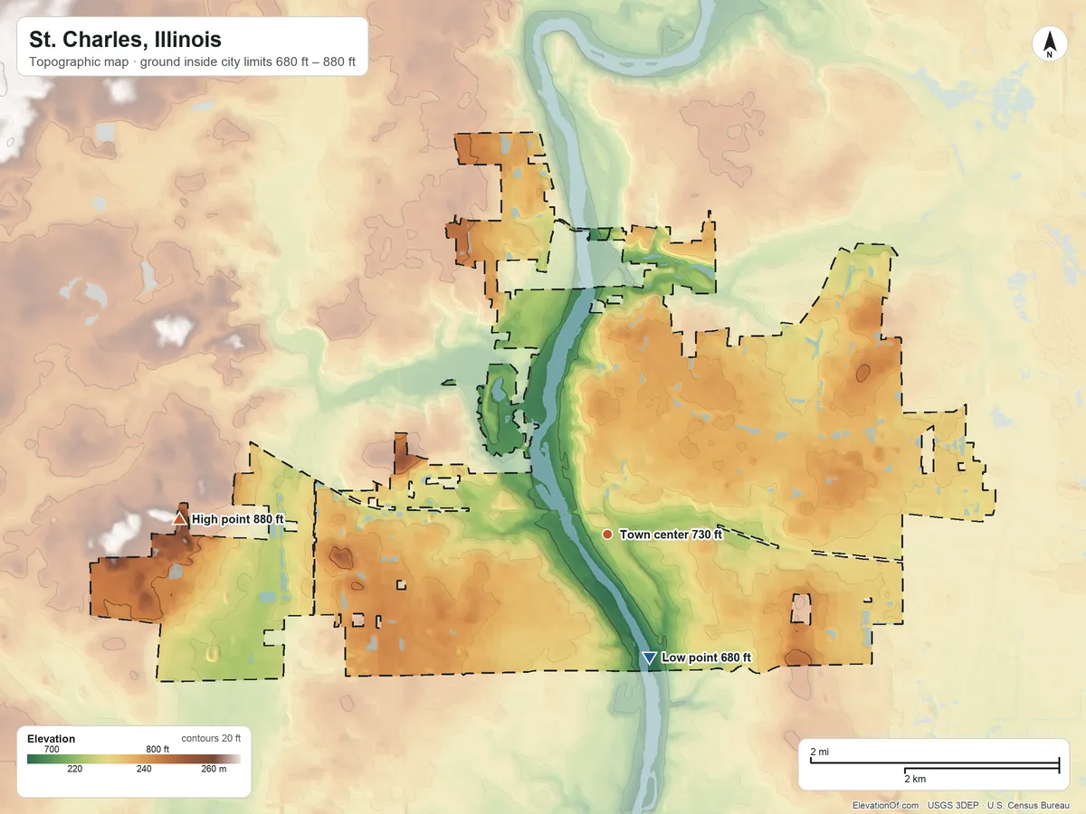 Topographic elevation map of St. Charles, Illinois, shaded from 680 ft on the south side to 880 ft on the west side