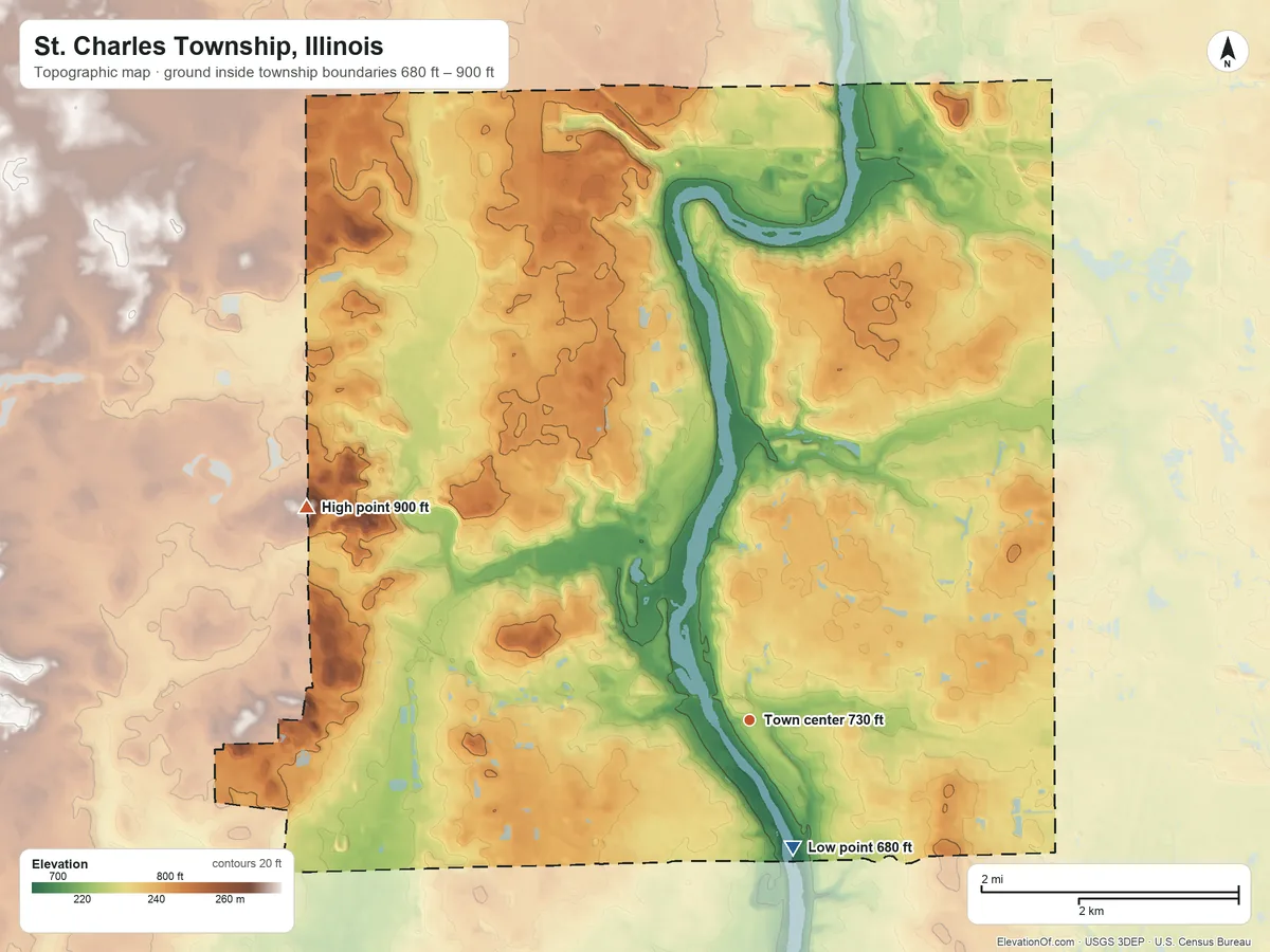 Topographic elevation map of St. Charles Township, Illinois, shaded from 680 ft on the south side to 900 ft on the northwest side
