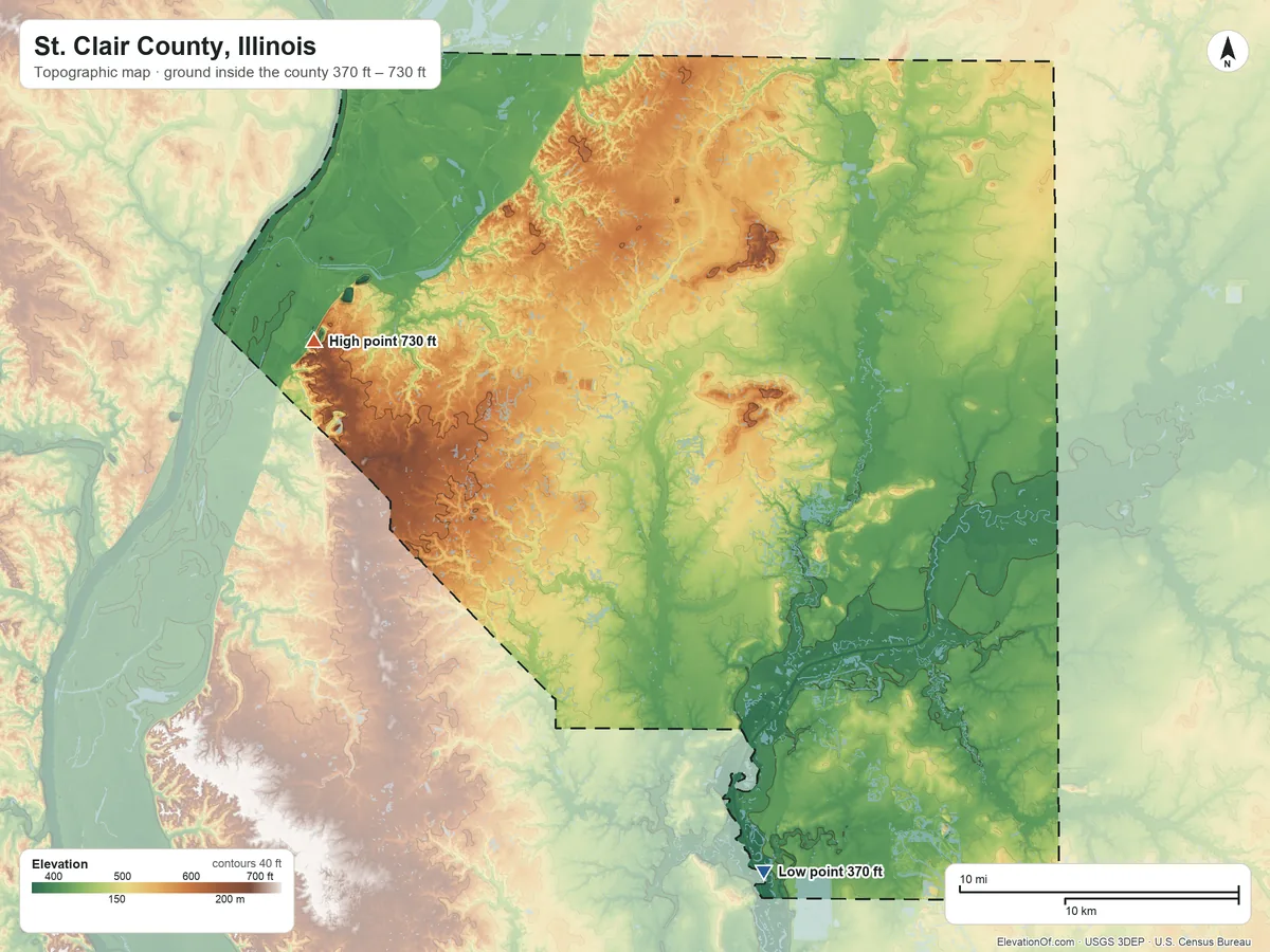 Topographic elevation map of St. Clair County, Illinois, shaded from 370 ft on the south side to 730 ft on the northwest side