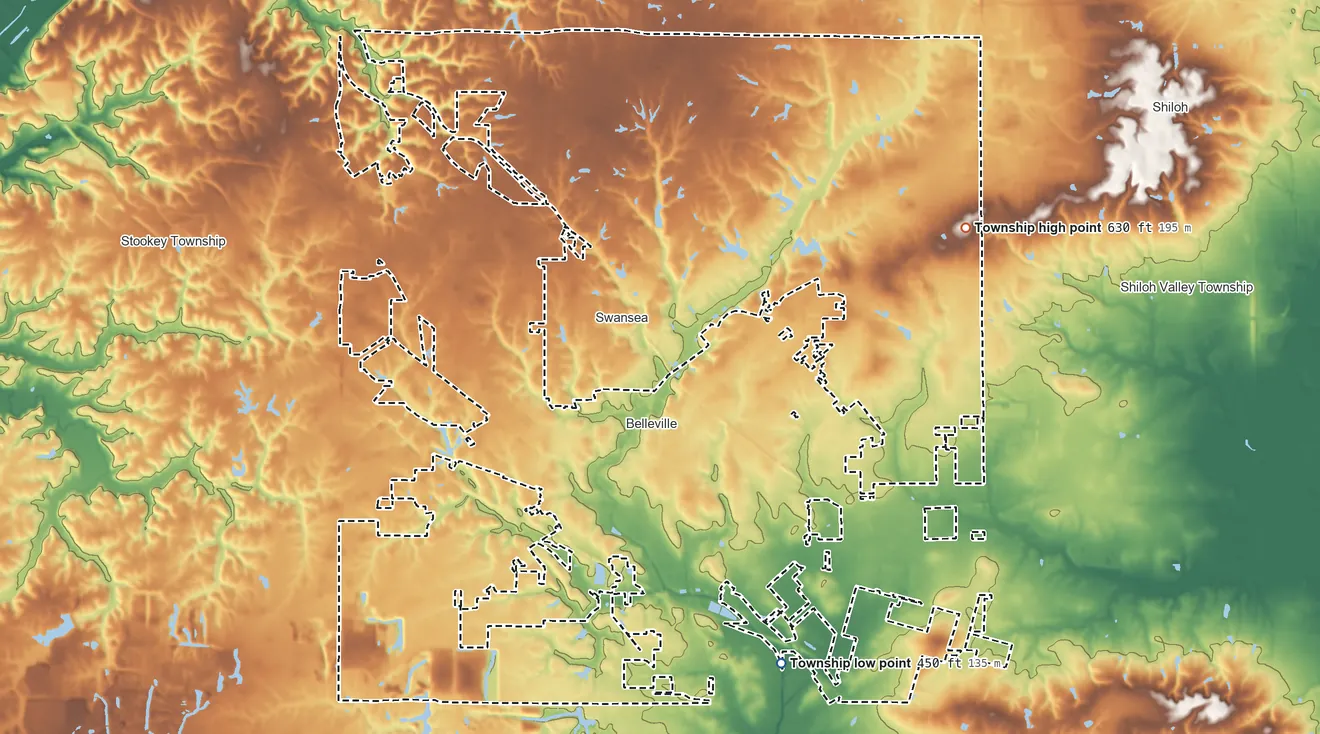 Topographic elevation map of St. Clair Township, Illinois, shaded from 450 ft on the south side to 630 ft on the east side