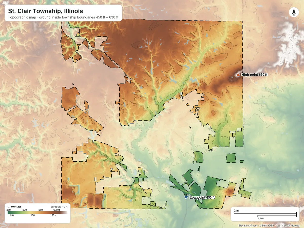 Topographic elevation map of St. Clair Township, Illinois, shaded from 450 ft on the south side to 630 ft on the east side