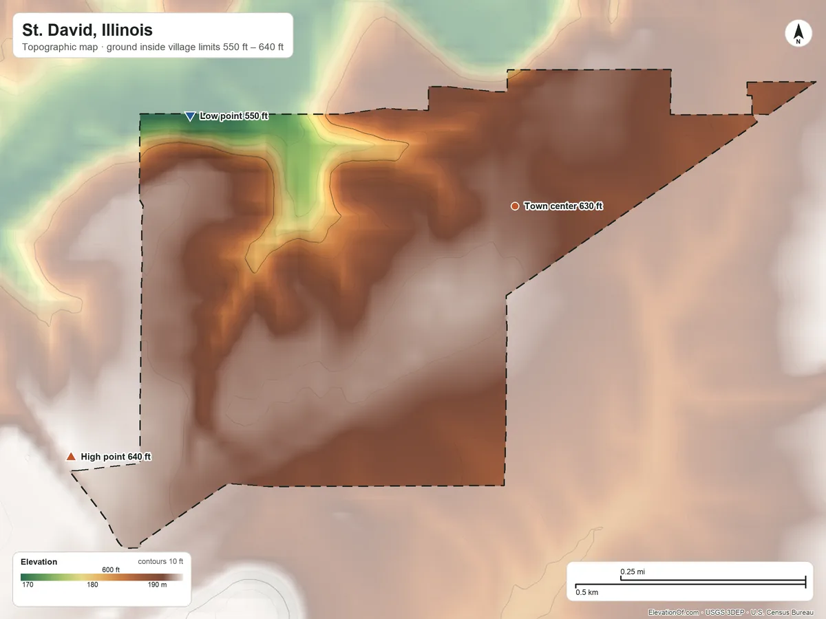 Topographic elevation map of St. David, Illinois, shaded from 550 ft on the west side to 640 ft on the southwest side