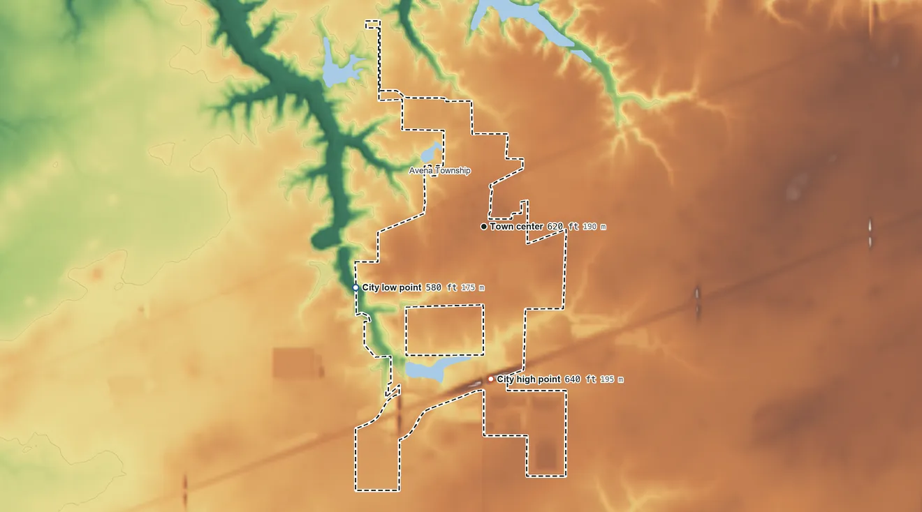 Topographic elevation map of St. Elmo, Illinois, shaded from 580 ft on the southwest side to 640 ft on the south side