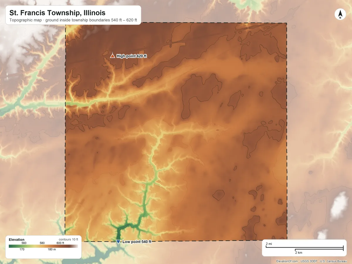 Topographic elevation map of St. Francis Township, Illinois, shaded from 540 ft on the south side to 620 ft on the northwest side