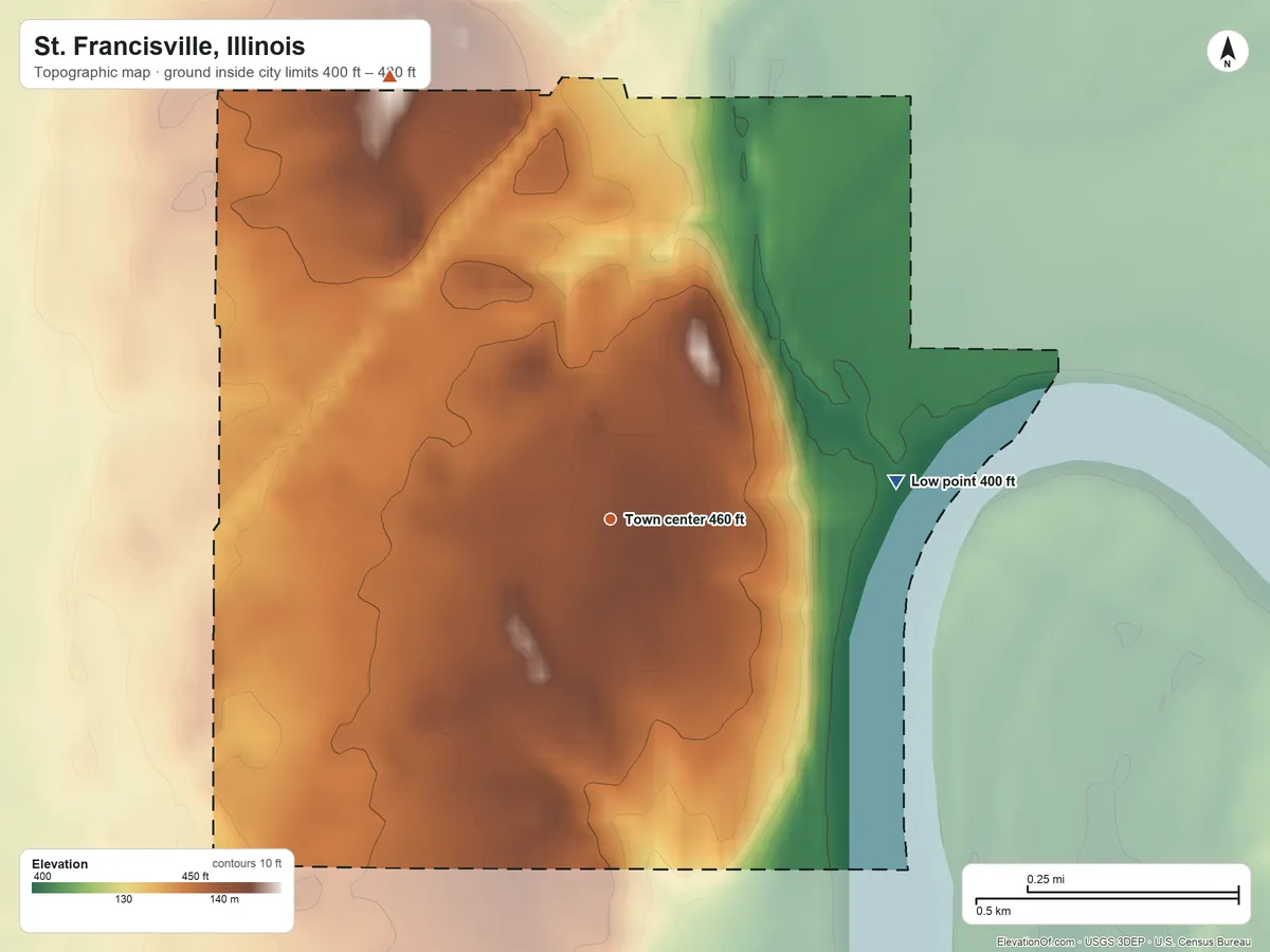 Topographic elevation map of St. Francisville, Illinois, shaded from 400 ft on the east side to 480 ft on the northwest side