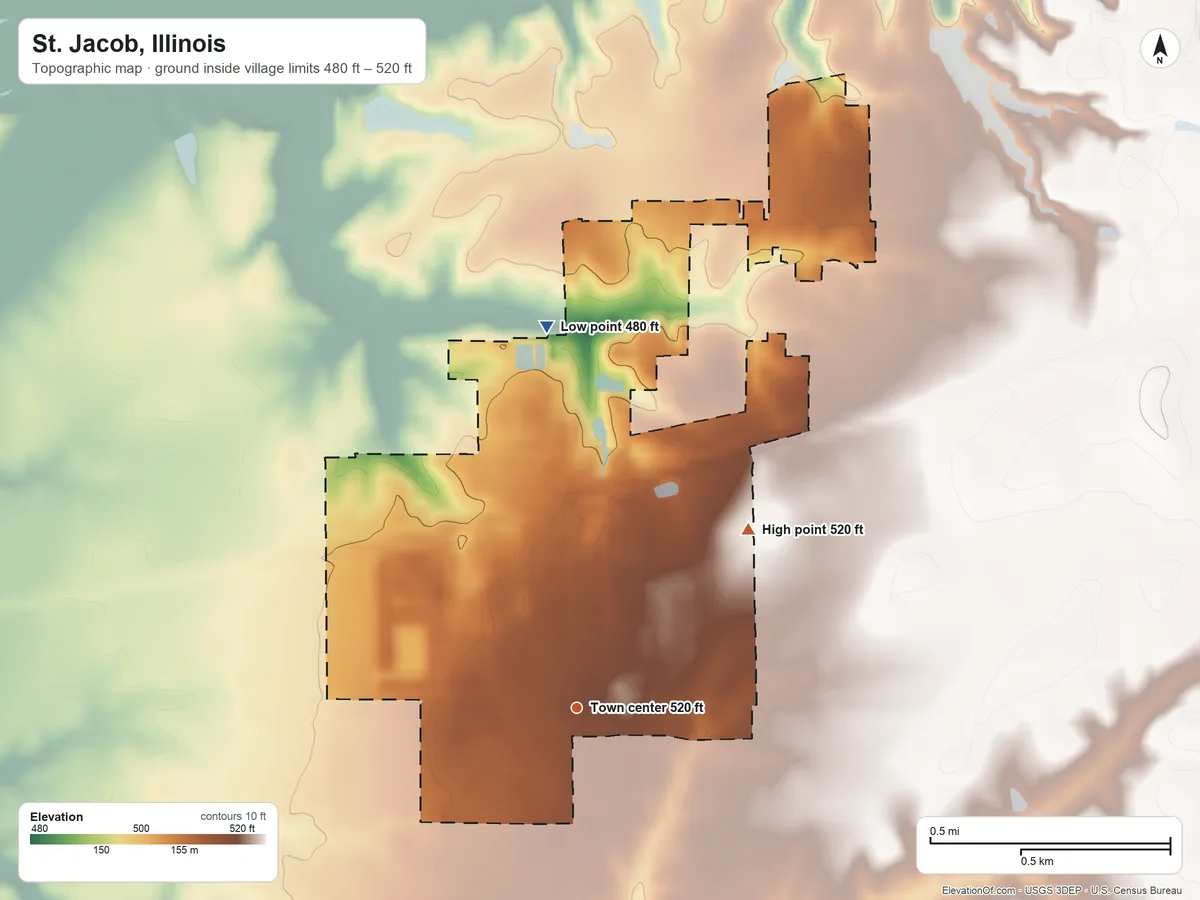 Topographic elevation map of St. Jacob, Illinois, shaded from 480 ft on the north side to 520 ft on the northeast side