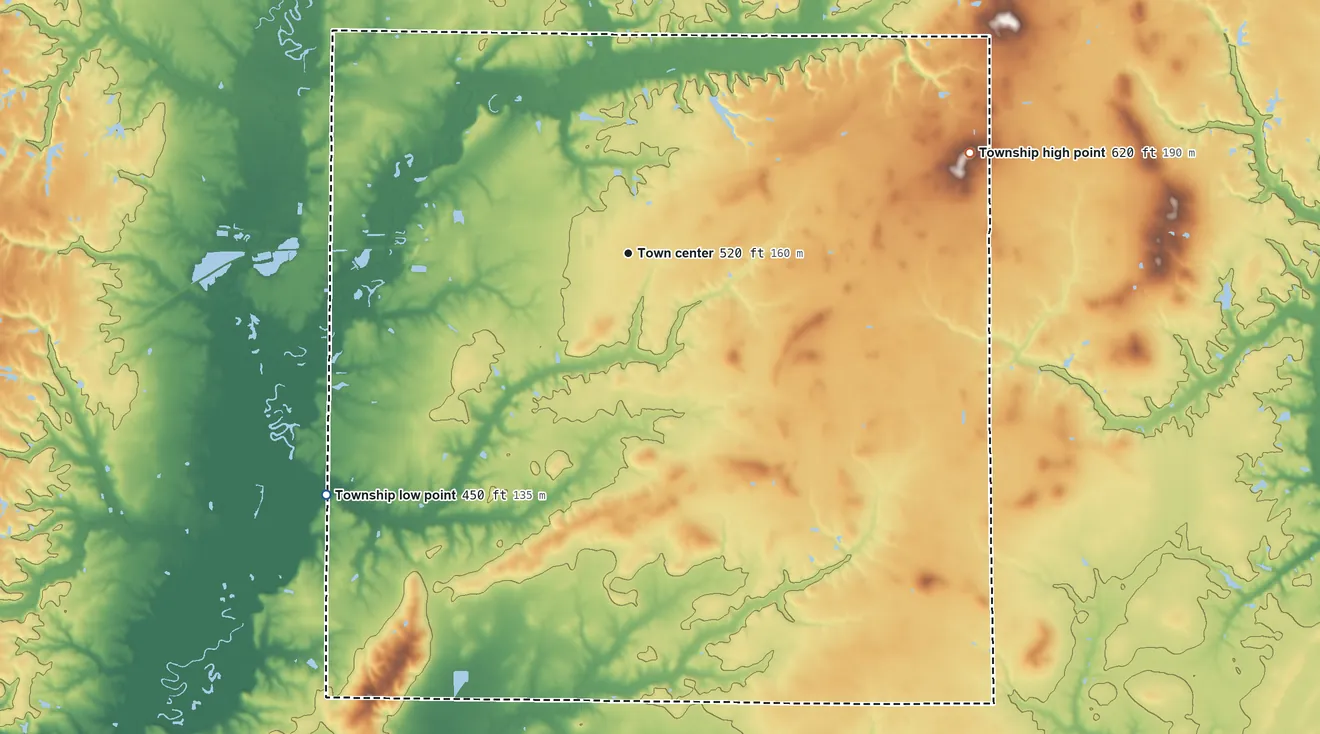 Topographic elevation map of St. Jacob Township, Illinois, shaded from 450 ft on the southwest side to 620 ft on the east side