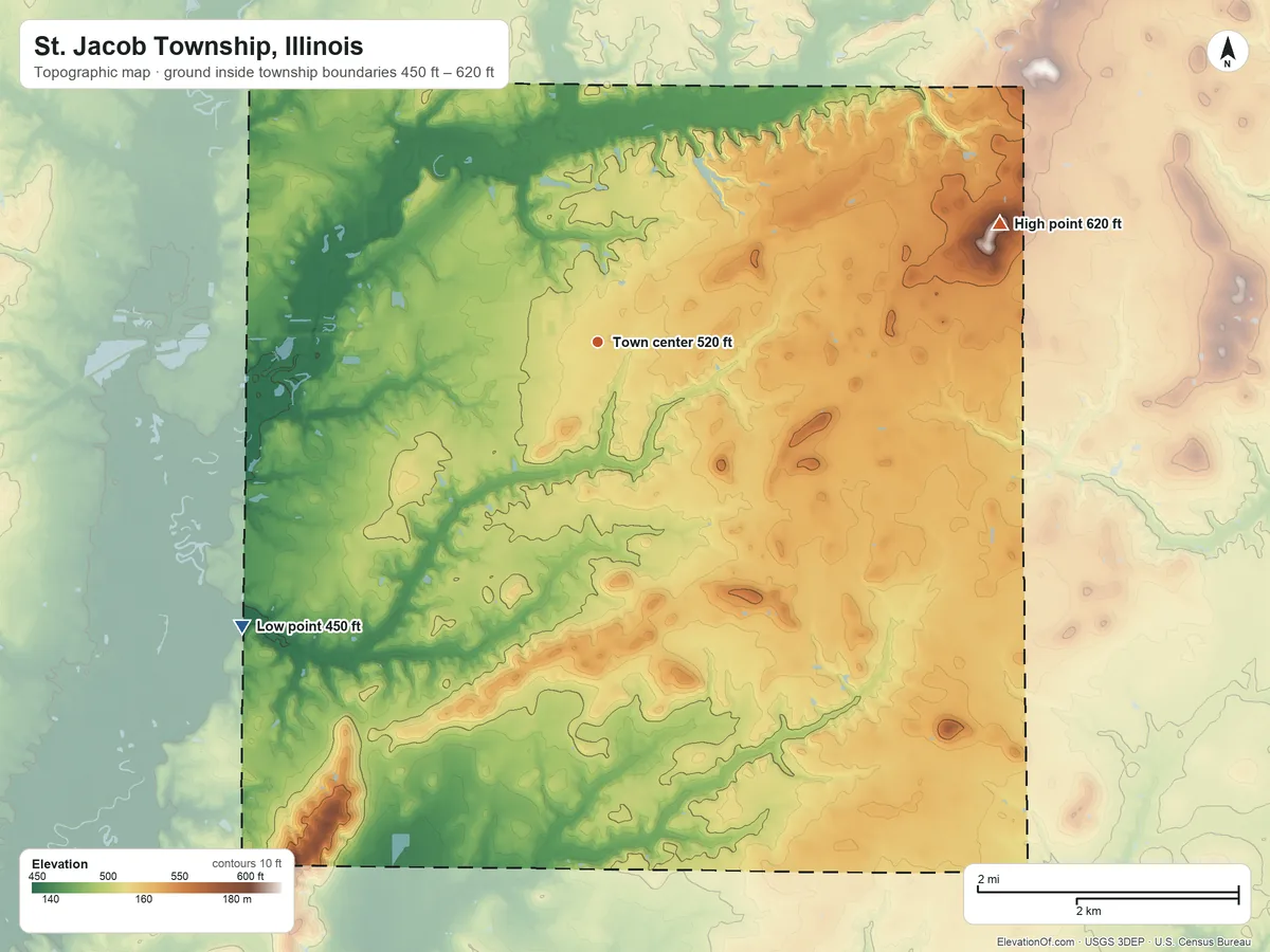 Topographic elevation map of St. Jacob Township, Illinois, shaded from 450 ft on the southwest side to 620 ft on the east side