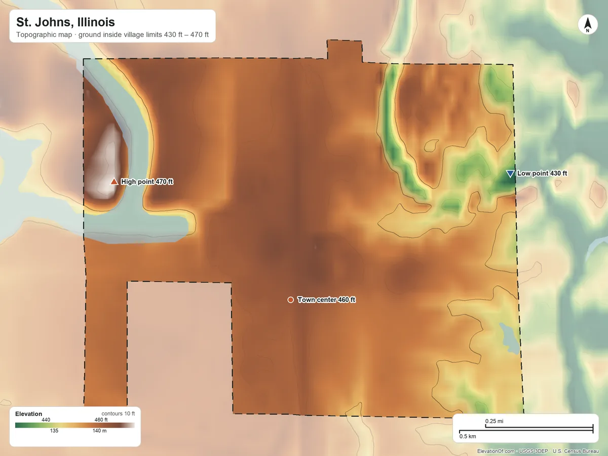 Topographic elevation map of St. Johns, Illinois, shaded from 430 ft on the northeast side to 470 ft on the northwest side